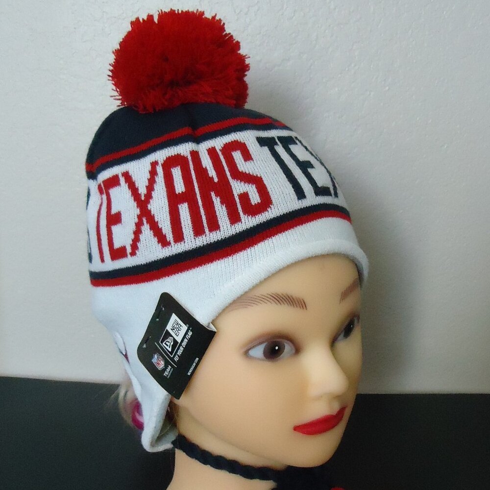 NWT. NFL team TEXANS knit beanie hat with pom and tasseled braids details
